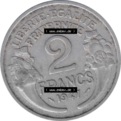 Münze Frankreich Umlaufmünzen Sammlung in PNG 1941-1959, 2 Francs, Franken 1947 (Stück 1) (5) - Digitales Münzen-Bildmaterial... Sammlung