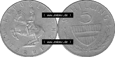5 / Fünf Schilling Österreich in s/w Schwarzweiß bzw. Graustufen Farbgebung von Scanner transparenten PNG 1960-1968, 5 Fünf... Sammlung
