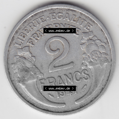 Münze Frankreich Umlaufmünzen Sammlung in PNG 1941-1959, 2 Francs, Franken 1947 (1) - Digitales Münzen-Bildmaterial einer französischen... Sammlung