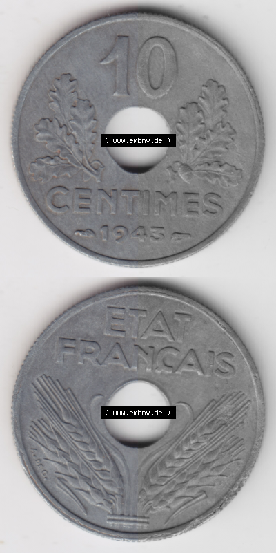 Münze Frankreich Umlaufmünzen Sammlung in PNG 1941-1943, 10 Centimes, Etat Francais 1943 (4) - Digitales Münzen-Bildmaterial... Sammlung