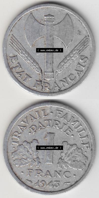Münze Frankreich Umlaufmünzen Sammlung in PNG 1942-1944, 1 Franken - Francs 1943 (Stück 2) (4) - Digitales Münzen-Bildmaterial... Sammlung