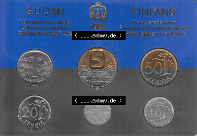 Alte Münzen KMS Finnland, Kursmünzensatz 1976 in Stempelglanz als digitales Computerbild in transparenten PNG 1985-1985, Markkaa,... Sammlung