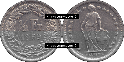 Schweiz in original Farbgebung vom Scanner transparenten PNG 1968-1982, 1/2 (halber) Franken B 1969 (Stück 2) Sammlung