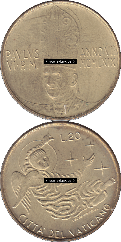 Alte Münze aus der Vatikanstadt / Vatikan als PNG-Grafik 1969-1969, 20 Zwanzig Lire, mit Engel-Darstellung Papst Paul VI. 1969 Sammlung
