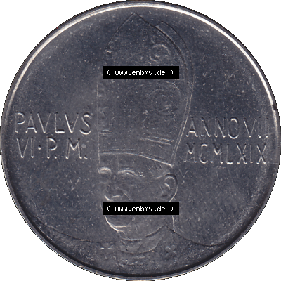 Alte Münze aus der Vatikanstadt / Vatikan als PNG-Grafik 1969-1969, 50 Fünfzig Lire, mit Engel-Darstellung Papst Paul VI. 1969 Sammlung