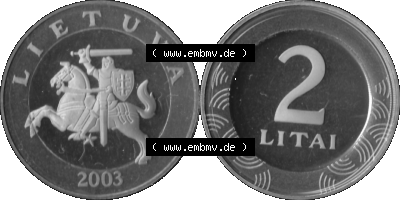 Litauen Kursmünzensatz 1998-2014, 2 Litai 2003 (Stück 1) Graustufen, Digitales Bildmaterial von Münzen aus Litauen Sammlung