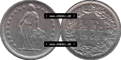 Schweiz in original Farbgebung vom Scanner transparenten PNG 1968-1982, 1/2 (halber) Franken B 1968 (Stück 3) Sammlung