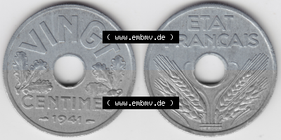 Münze Frankreich Umlaufmünzen Sammlung in PNG 1941-1941, VINGT 20 Centimes, Cent (3) - Digitales Münzen-Bildmaterial einer... Sammlung