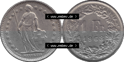 Schweiz in original Farbgebung vom Scanner transparenten PNG 1968-1982, 1 Franken B 1968 (Stück 3) Sammlung