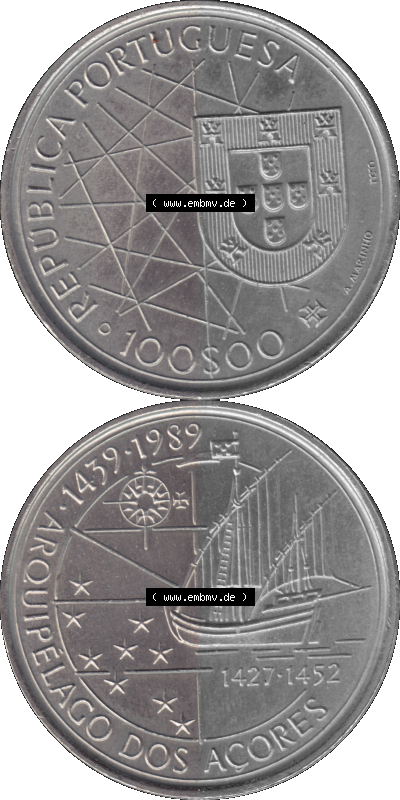 Alte Gedenkmünze aus Portugal als PNG-Grafik 1989, 100 Escudos, Arouipelago Dos Acores, 1439-1989 Sammlung