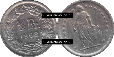 Schweiz in original Farbgebung vom Scanner transparenten PNG 1968-1982, 1/2 (halber) Franken B 1968 (Stück 2) Sammlung