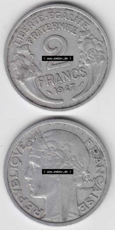 Münze Frankreich Umlaufmünzen Sammlung in PNG 1941-1959, 2 Francs, Franken 1947 (4) - Digitales Münzen-Bildmaterial einer französischen... Sammlung
