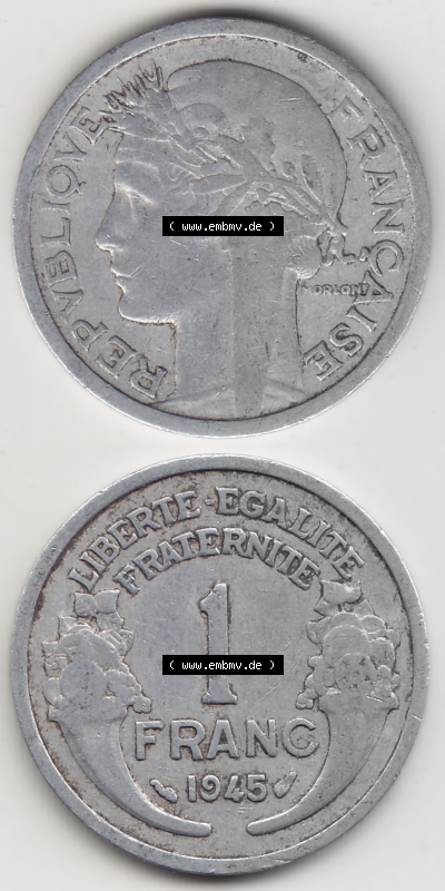 Münze Frankreich Umlaufmünzen Sammlung in PNG 1941-1959, 1 Franken - Francs 1945 (4) - Digitales Münzen-Bildmaterial einer... Sammlung