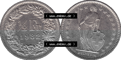 Schweiz in original Farbgebung vom Scanner transparenten PNG 1968-1982, 1/2 (halber) Franken B 1982 (Stück 1) Sammlung