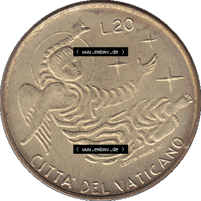 Alte Münze aus der Vatikanstadt / Vatikan als PNG-Grafik 1969-1969, 20 Zwanzig Lire, mit Engel-Darstellung Papst Paul VI. 1969 Sammlung