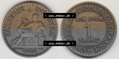 Münze Frankreich Umlaufmünzen Sammlung in PNG 1922-1927, 1 Franken, BON POUR One Franc, 1922 (Stück 1) CHAMBRES DE COMMERCE... Sammlung