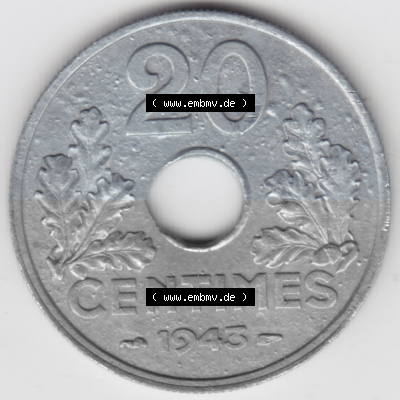 Münze Frankreich Umlaufmünzen Sammlung in PNG 1941-1944, 20 Centimes, Cent 1943 (1) - Digitales Münzen-Bildmaterial einer französischen... Sammlung