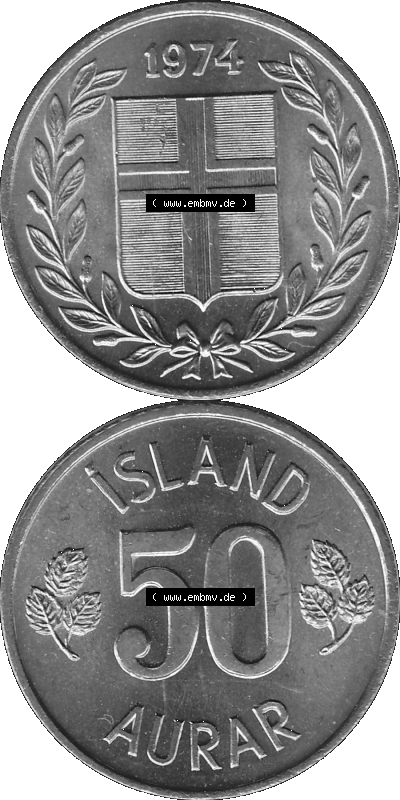 Island Umlaufmünze 1969-1974, 50 Aurar 1974 (Stück 1), 50 Isländische Aurar Graustufen Sammlung