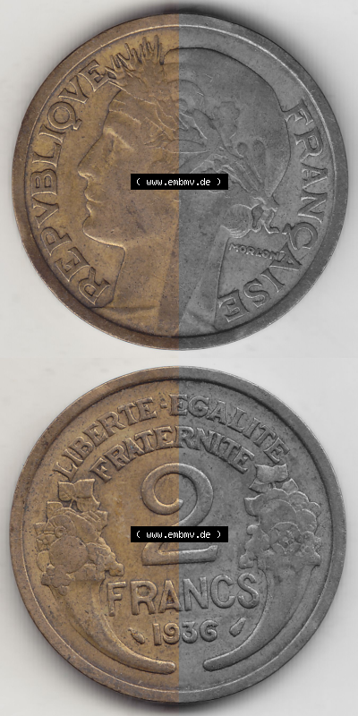 Münze Frankreich Umlaufmünzen Sammlung in PNG 1931-1941, 2 Franken 1936 (Stück 1) LIBERTE EGALITE FRATERNITE (4) - Digitales... Sammlung