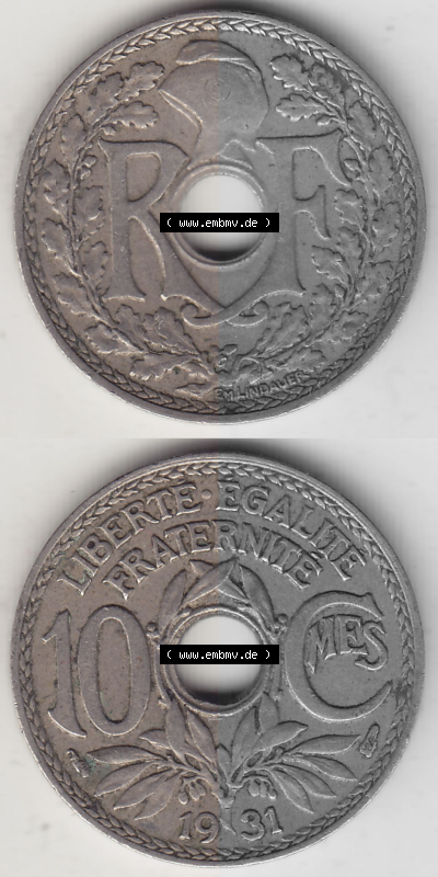Münze Frankreich Umlaufmünzen Sammlung in PNG 1917-1938, 10 Centimes, 10 CMES EGALITÉ FRATERNITÉ LIBERTÉ 1931 (Stück 1)... Sammlung
