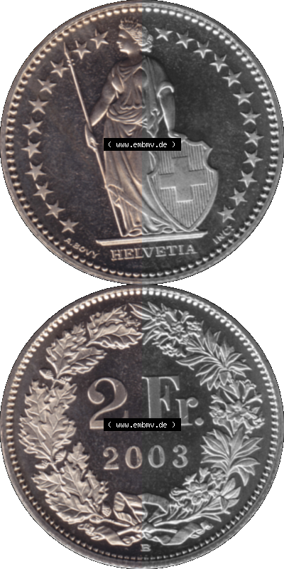 KMS Schweiz in original Farbgebung vom Scanner transparenten PNG 1983-2018, 2 Franken 2003 Sammlung