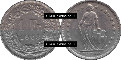 Schweiz in original Farbgebung vom Scanner transparenten PNG 1968-1982, 1 Franken B 1968 (Stück 2) Sammlung