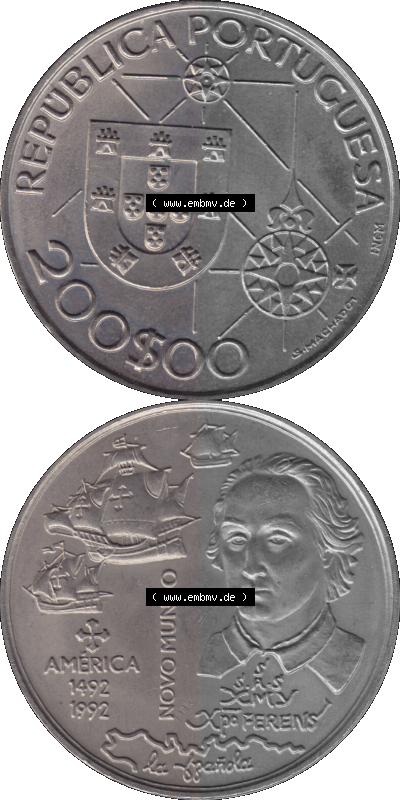Alte Gedenkmünze aus Portugal als PNG-Grafik 1992, 200 Escudos, America 1492, Novomundo, Xpo Perens Sammlung