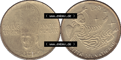 Alte Münze aus der Vatikanstadt / Vatikan als PNG-Grafik 1969-1969, 20 Zwanzig Lire, mit Engel-Darstellung Papst Paul VI. 1969 Sammlung