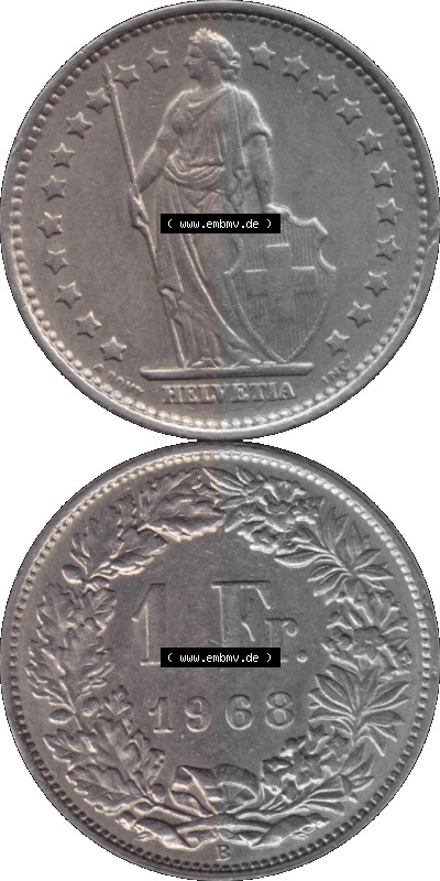 Schweiz in original Farbgebung vom Scanner transparenten PNG 1968-1982, 1 Franken B 1968 (Stück 1) Sammlung