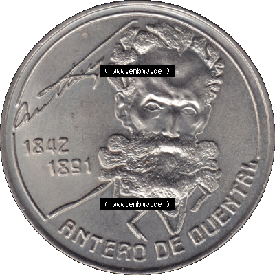 'Alte Gedenkmünze aus Portugal als PNG-Grafik 1991, 100 Escudos, Antero de Quental, 1842-1891. Rückseite der portugiesischen... Sammlung