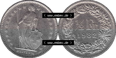 Schweiz in original Farbgebung vom Scanner transparenten PNG 1968-1982, 1/2 (halber) Franken B 1982 (Stück 1) Sammlung