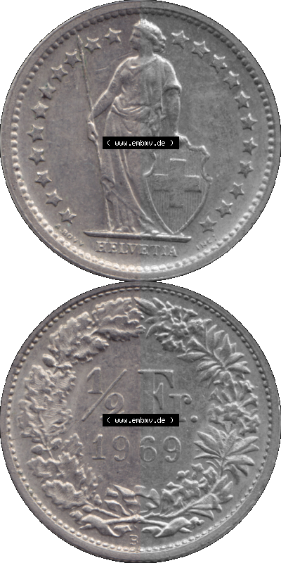 Schweiz in original Farbgebung vom Scanner transparenten PNG 1968-1982, 1/2 (halber) Franken B 1969 (Stück 3) Sammlung