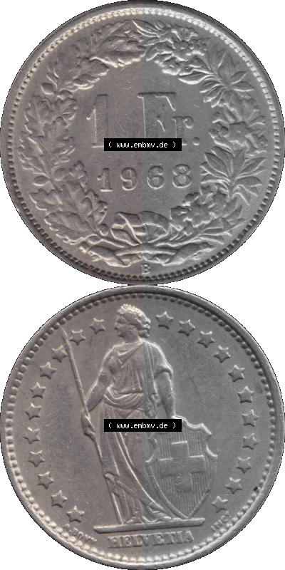 Schweiz in original Farbgebung vom Scanner transparenten PNG 1968-1982, 1 Franken B 1968 (Stück 3) Sammlung