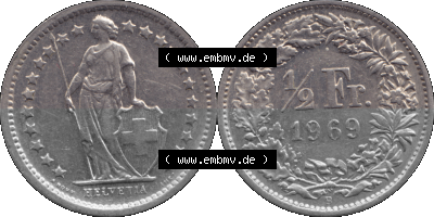 Schweiz in original Farbgebung vom Scanner transparenten PNG 1968-1982, 1/2 (halber) Franken B 1969 (Stück 2) Sammlung