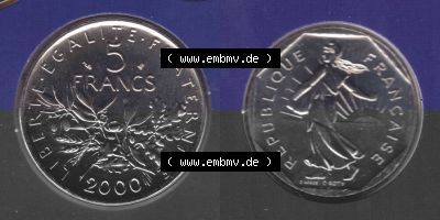 Münze Frankreich aus KMS Umlaufmünzen Sammlung in PNG 2000, 5 Francs (3) - Digitales Münzen-Bildmaterial einer französischen... Sammlung