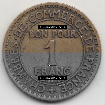 Münze Frankreich Umlaufmünzen Sammlung in PNG 1922-1927, 1 Franken, BON POUR One Franc, 1922 (Stück 1) CHAMBRES DE COMMERCE... Sammlung