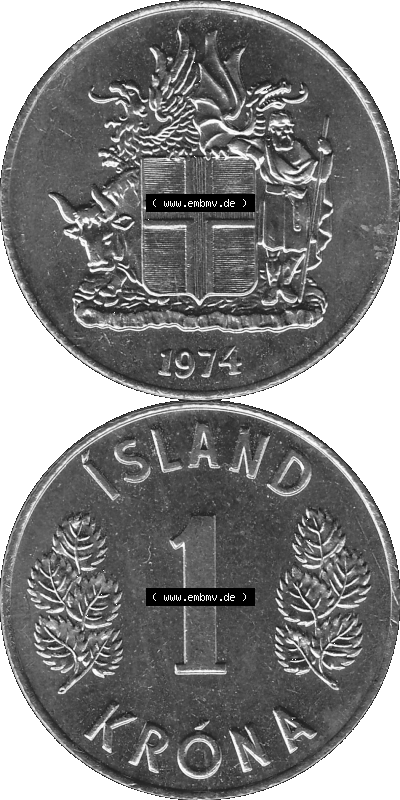 Island Umlaufmünze 1946-1975, 1 Krona 1974 (Stück 1), 1 Isländische Krone Graustufen Sammlung