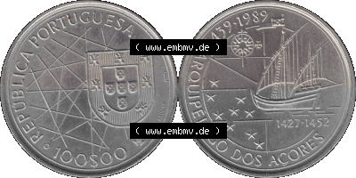 Alte Gedenkmünze aus Portugal als PNG-Grafik 1989, 100 Escudos, Arouipelago Dos Acores, 1439-1989 Sammlung