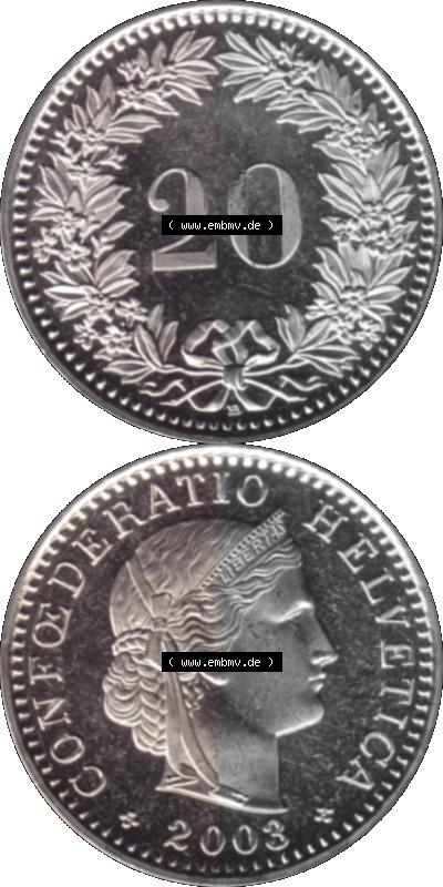 KMS Schweiz in original Farbgebung vom Scanner transparenten PNG 1939-2018, 20 Rappen 2003 Sammlung