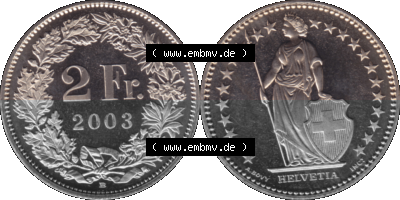KMS Schweiz in original Farbgebung vom Scanner transparenten PNG 1983-2018, 2 Franken 2003 Sammlung