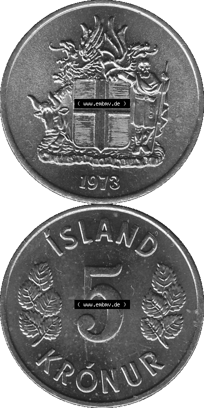 Island Umlaufmünze 1969-1980, 5 Kronur 1973 (Stück 1), 5 Isländische Kronen Graustufen Sammlung