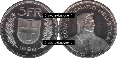 KMS Schweiz in original Farbgebung vom Scanner transparenten PNG 1994-2018, 5 Franken 1999 Sammlung
