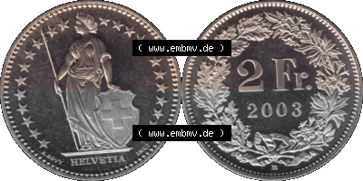 KMS Schweiz in original Farbgebung vom Scanner transparenten PNG 1983-2018, 2 Franken 2003 Sammlung