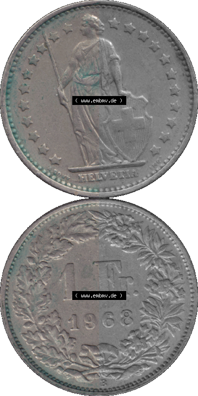 Schweiz in original Farbgebung vom Scanner transparenten PNG 1968-1982, 1 Franken B 1968 (Stück 4) Sammlung