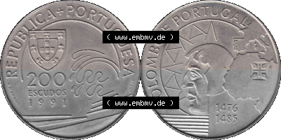 Alte Gedenkmünze aus Portugal als PNG-Grafik 1991, 200 Escudos, Colombo E Portugal 1476-1485 Sammlung