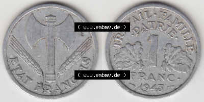 Münze Frankreich Umlaufmünzen Sammlung in PNG 1942-1944, 1 Franken - Francs 1943 (Stück 2) (3) - Digitales Münzen-Bildmaterial... Sammlung