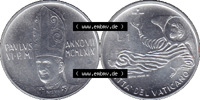 Alte Münze aus der Vatikanstadt / Vatikan als PNG-Grafik 1969-1969, 1 Eine Lira, mit Engel-Darstellung Papst Paul VI. 1969 Sammlung