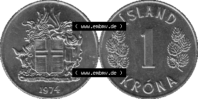 Island Umlaufmünze 1946-1975, 1 Krona 1974 (Stück 1), 1 Isländische Krone Graustufen Sammlung