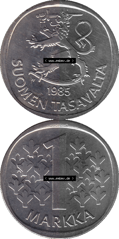 Alte Münzen KMS Finnland, Kursmünzensatz 1976 in Stempelglanz als digitales Computerbild in transparenten PNG 1969-1993, 1 Markka,... Sammlung
