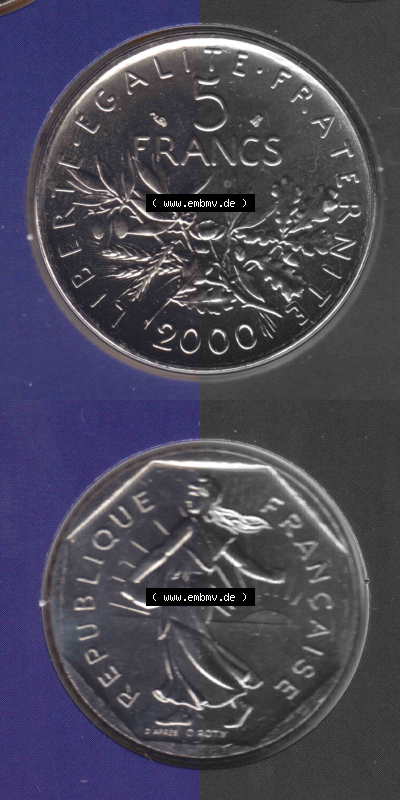 Münze Frankreich aus KMS Umlaufmünzen Sammlung in PNG 2000, 5 Francs (4) - Digitales Münzen-Bildmaterial einer französischen... Sammlung
